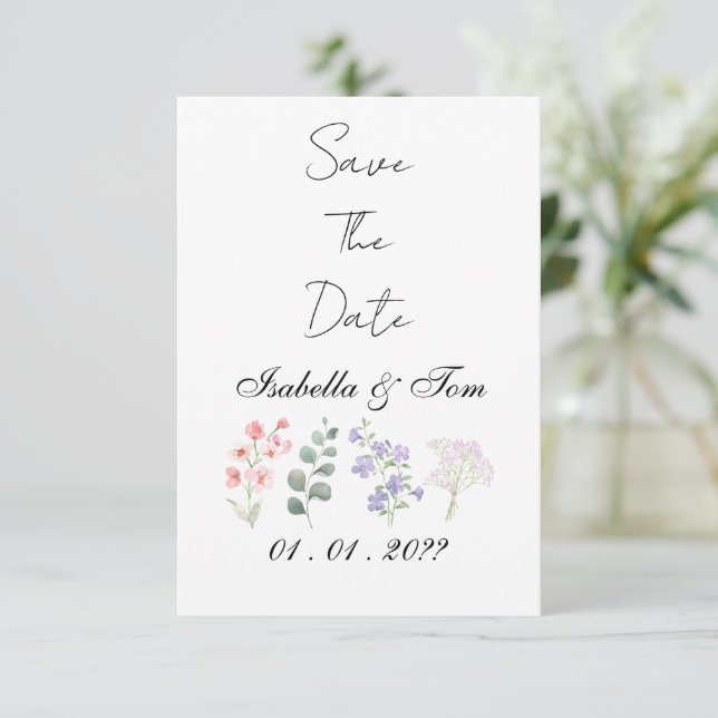 Romantische Wildblumen-Botanik-Hochzeit Save the Date (Stehend Vorderseite)