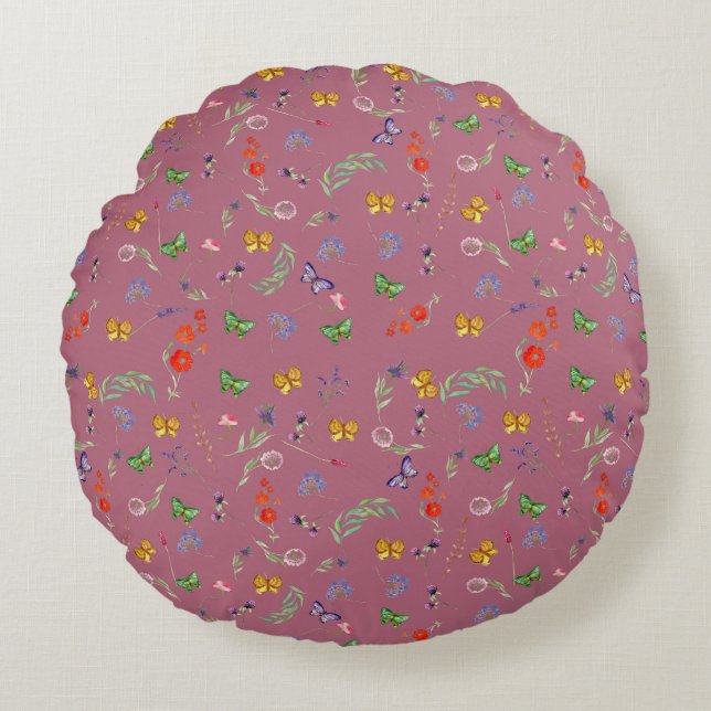 Romantische Wildblumen gemustert Rundes Kissen (Vorderseite)