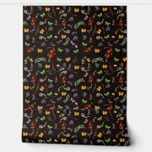 Romantische Wildblumen und Schmetterlinge schwarz Tapete