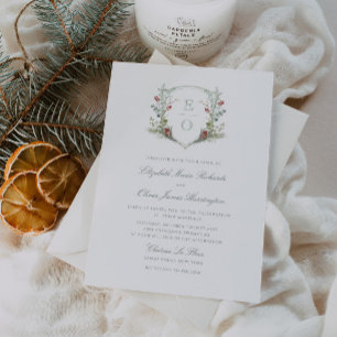 Romantische Winter Greenery Monogram Wappen Weddin Einladung