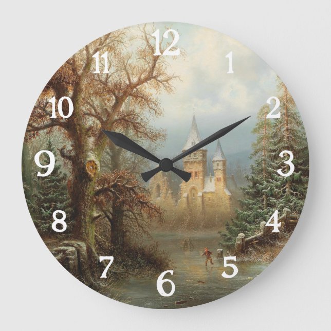 Romantische Winterlandschaft mit Eis-Skatern Große Wanduhr (Vorderseite)