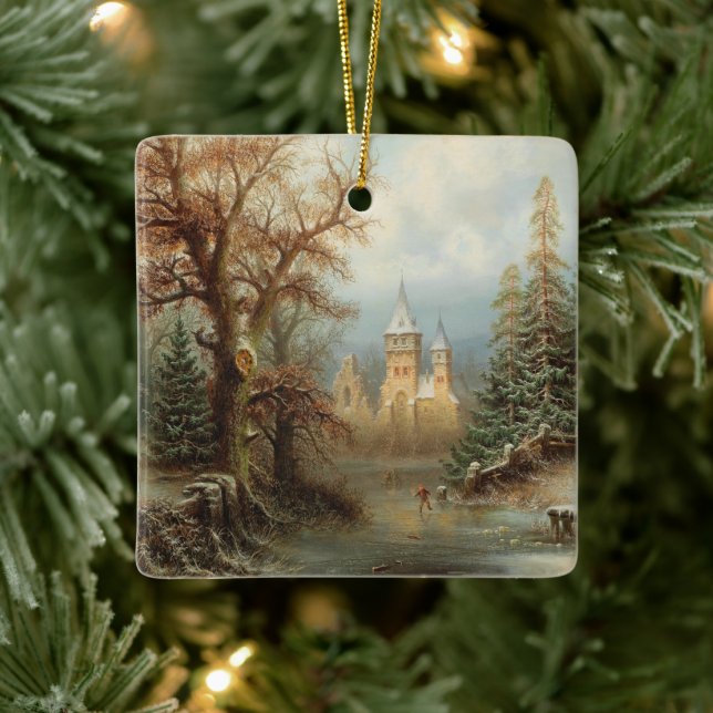 Romantische Winterlandschaft mit Eis-Skatern Keramikornament (Baum)
