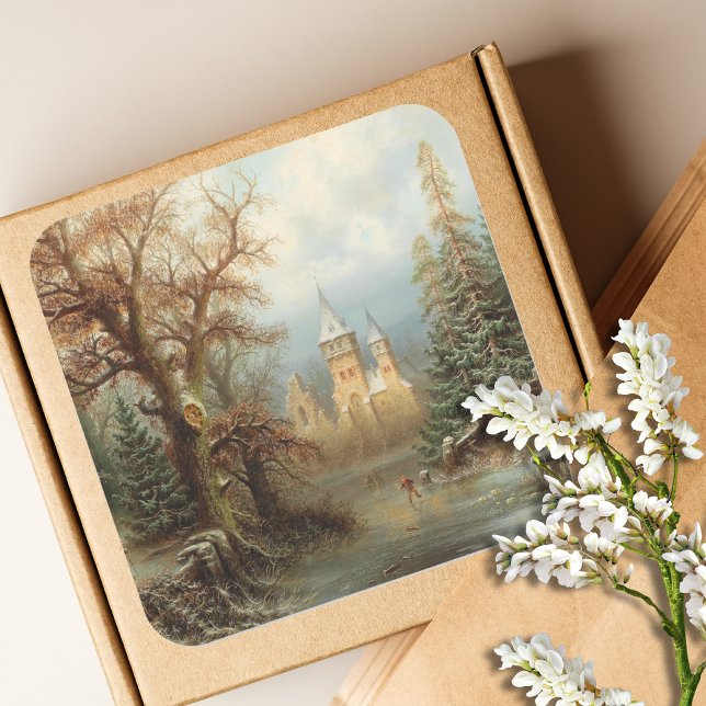 Romantische Winterlandschaft mit Eis-Skatern Quadratischer Aufkleber (Von Creator hochgeladen)