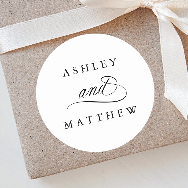 Romantische Wirble Kalligrafie-Hochzeit Runder Aufkleber (Von Creator hochgeladen)