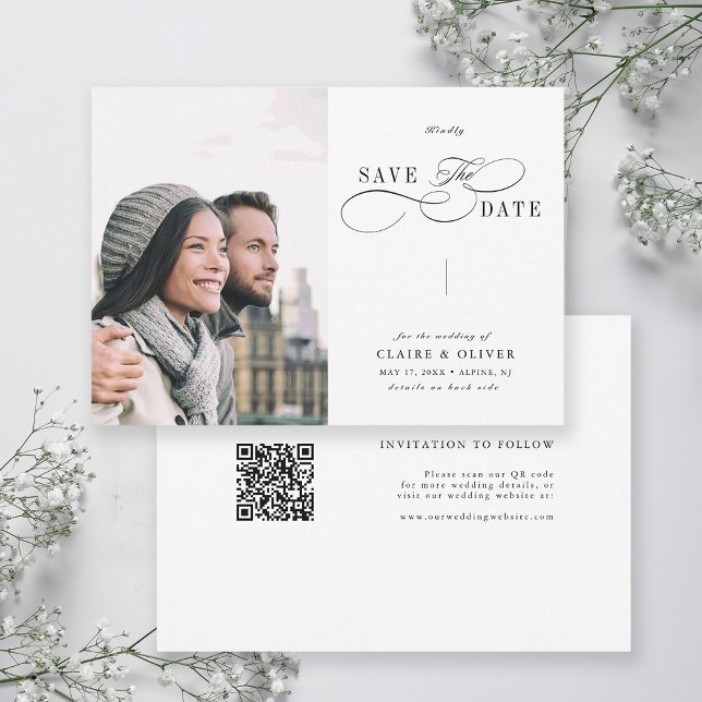 Romantische Wirble Kalligrafie QR Code Wedding Fot Save The Date (Front & Back)