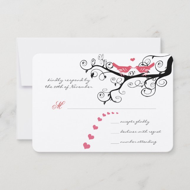 Romantische Wirble Rosa Lovebird Tree Wedding RSVP Karte (Vorderseite)