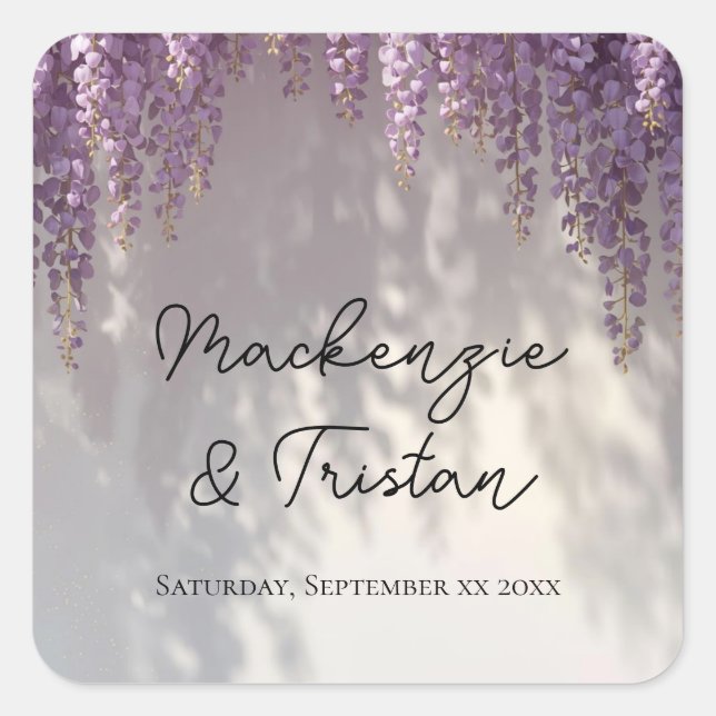 Romantische Wisteria-Hochzeit Quadratischer Aufkleber (Vorderseite)