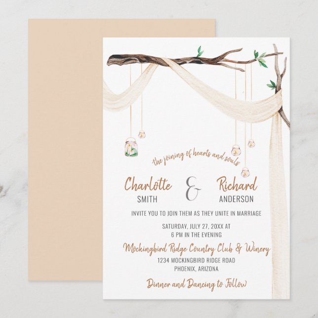 Romantische Zweigstelle mit Drape und Mason Jar Li Einladung (Vorne/Hinten)