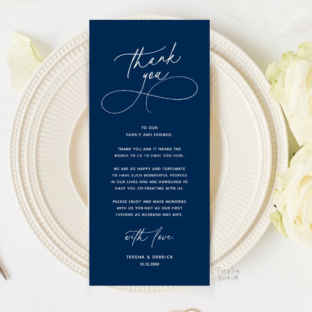 Romantischer Abendessen-Tisch-Dankeskarten-Setzung Programm (Romantic Wedding Place Setting Thank You Card in Navy Blue)