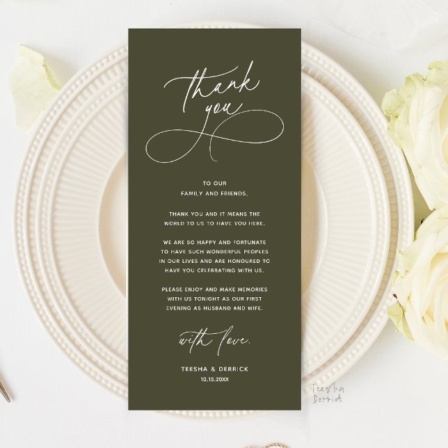Romantischer Abendessen-Tisch-Dankeskarten-Setzung Programm (Romantic Wedding Place Setting Thank You Card in Olive Green)