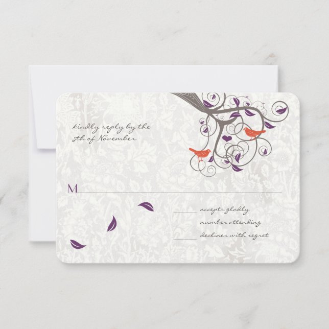 Romantischer Baum Swirl Lovebirds Wedding RSVP (Vorderseite)