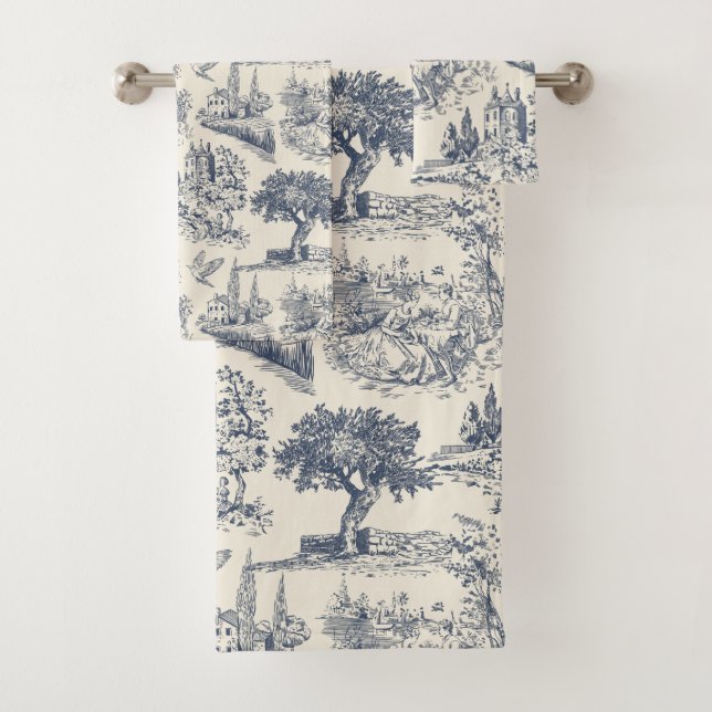 Romantischer Blue Toile de Jouy im französischen L Badhandtuch Set (Insitu)