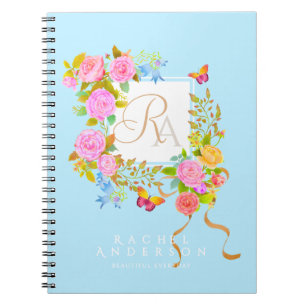 Romantischer blühender Garten Monogramm Blau Notizblock