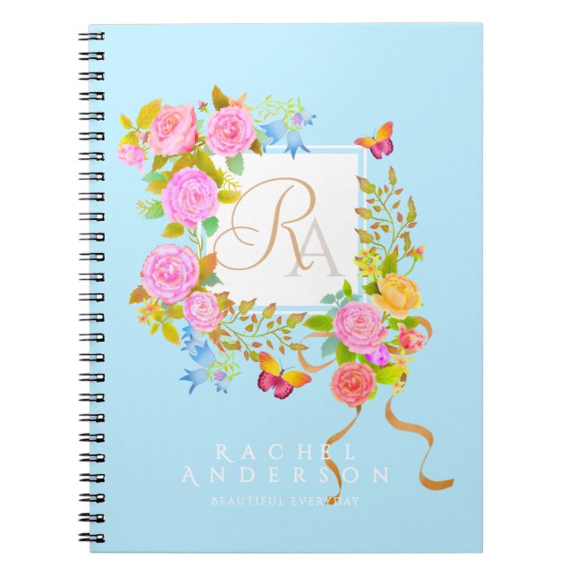 Romantischer blühender Garten Monogramm Blau  Notizblock (Vorderseite)