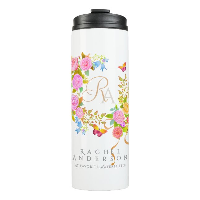 Romantischer blühender Garten-Monogramm  Thermosbecher (Vorderseite)