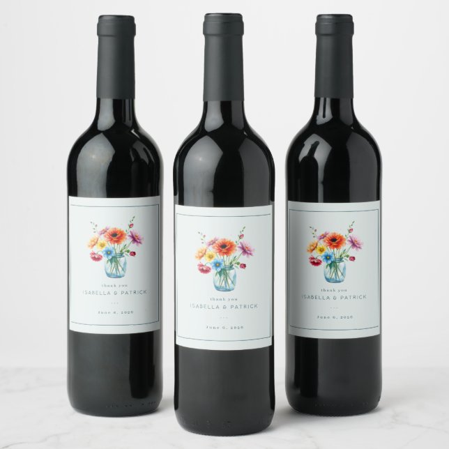 Romantischer Blumen-Wasserfarbenstrauß Weinetikett (Flaschen)