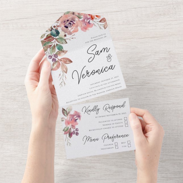 Romantischer Blush Mauve Wasserfarbe All In One Einladung (Abreißen)