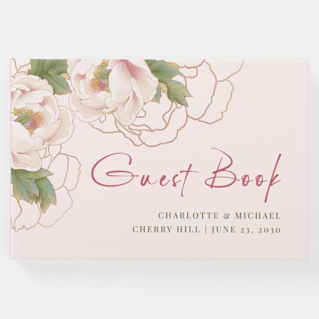 Romantischer Blush Pink Peony Floral Wedding Guest Gästebuch (Vorderseite)