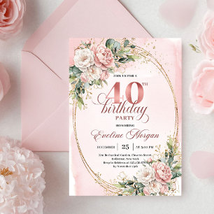 Romantischer Bohemian-Blush-Blumen-Gold-40. Geburt Einladung