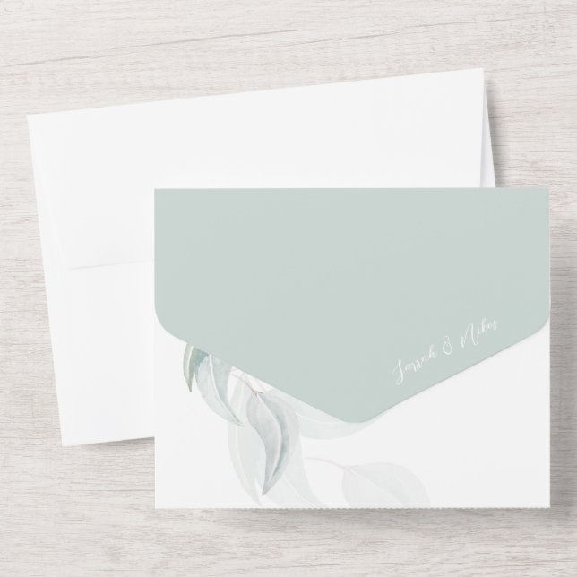 Romantischer Boho Eucaliptus im Minz Wasserfarben  All In One Einladung (Rückseite)