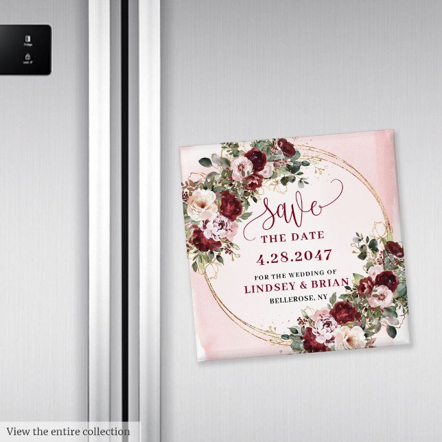 Romantischer Boho Marsala Roségold Floral Save the Magnet (Romantic Boho Marsala Blush Gold Floral Save the Date Magnet

)