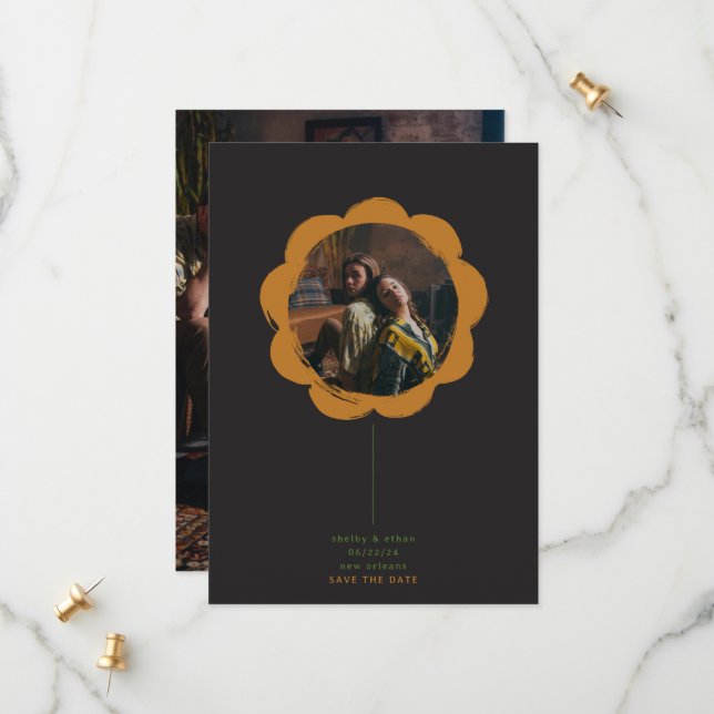 romantischer Boho-Retro-Blumenrahmen-Foto Save The Date (Vorderseite/Rückseite Beispiel)