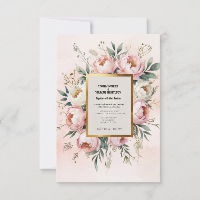 Romantischer Boho - Rosa Pink Peonies & Greenery RSVP Karte (Vorderseite)
