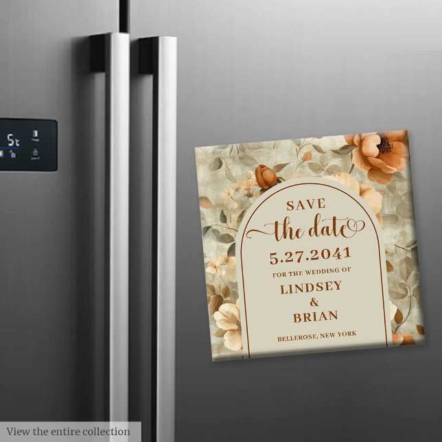 Romantischer Boho-Rost Elfenbein Oliven Blumen Sav Magnet (Romantic Boho Rust Ivory Olive Floral Save the Date)