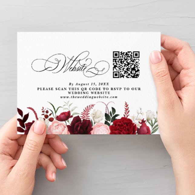 Romantischer Burgund-Floral QR-Code Hochzeitsszena Begleitkarte (Von Creator hochgeladen)