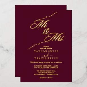 Romantischer Burgund & Gold-Film "Mr & Mrs." Hochz Folieneinladung