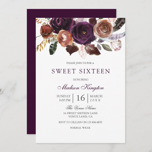 Romantischer Burgund Lila Plum Floral Sweet 16 Einladung (Vorne/Hinten)