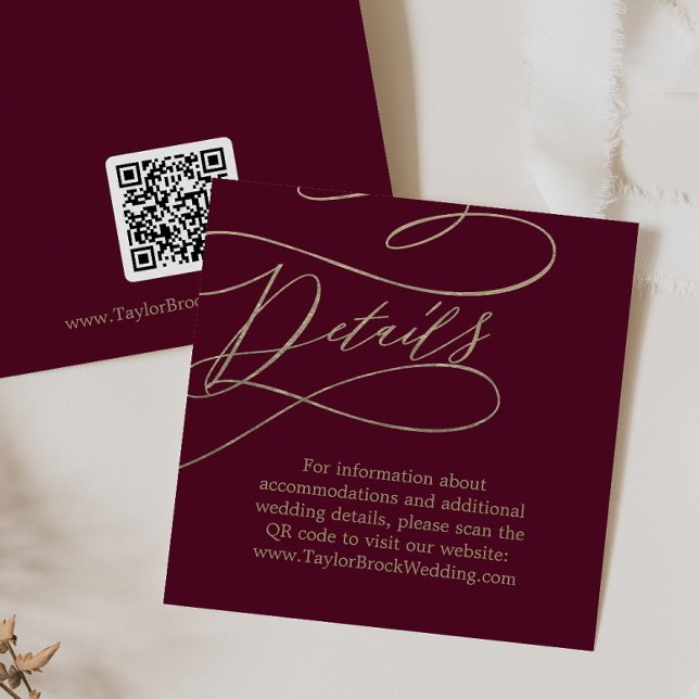 Romantischer Burgund QR Code Hochzeitdetails Begleitkarte (Von Creator hochgeladen)