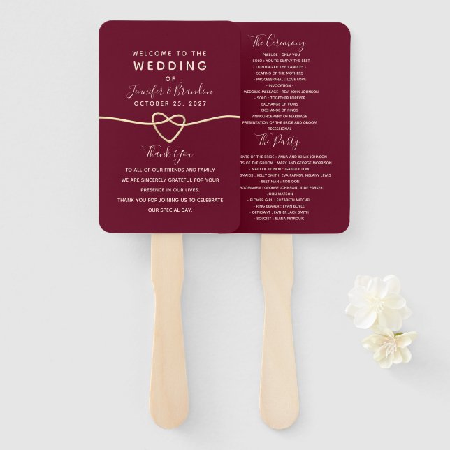 Romantischer Burgunder Hochzeitsprogramm Hand Fan Fächer (Vorne und Hinten)