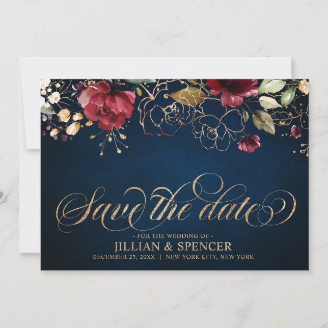 Romantischer Burgunder Wasserfarbe Rote Navy Gold  Save The Date (Vorderseite)