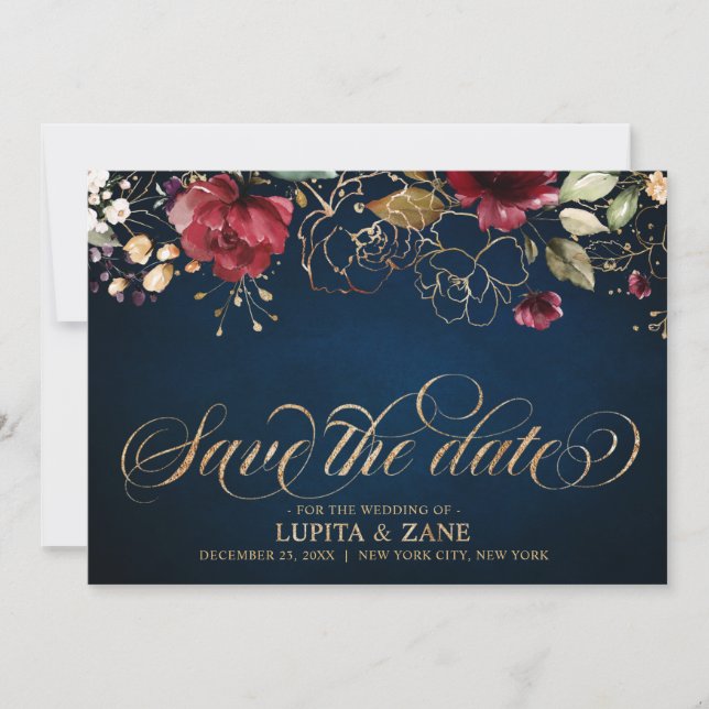 Romantischer Burgunder Wasserfarbe Rote Navy Gold  Save The Date (Vorderseite)