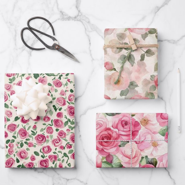 Romantischer Chic Blush Pink Roses Floral Geschenkpapier Set (Vorderseite)