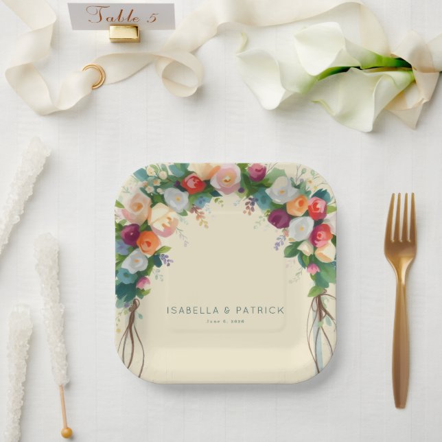 Romantischer cremefarbener Wasserfarben-Blumenboge Pappteller (Hochzeit)