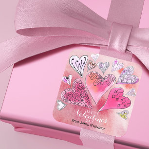 Romantischer Doodle Watercolor Herzchen Valentinst Quadratischer Aufkleber
