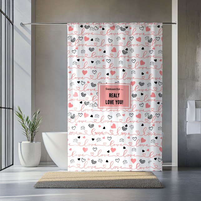 Romantischer Duschvorhang für Frischvermählte Rosa (Romantic Newlywed Shower Curtain Pink Black Hearts)
