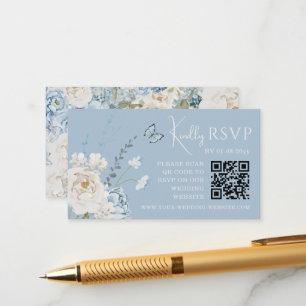 Romantischer Dusty Blue Floral Wedding RSVP QR Cod Begleitkarte