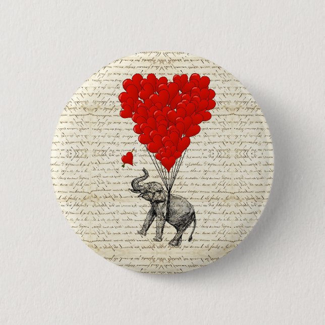 Romantischer Elefant & Herzballons Button (Vorderseite)