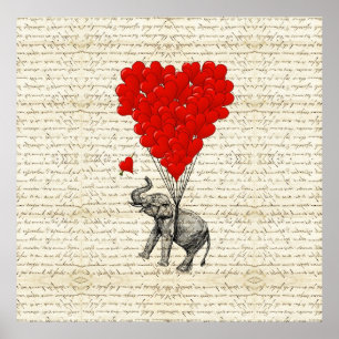 Romantischer Elefant & Herzballons Poster