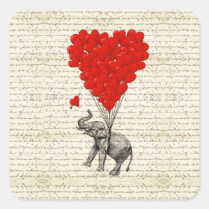 Romantischer Elefant & Herzballons Quadratischer Aufkleber