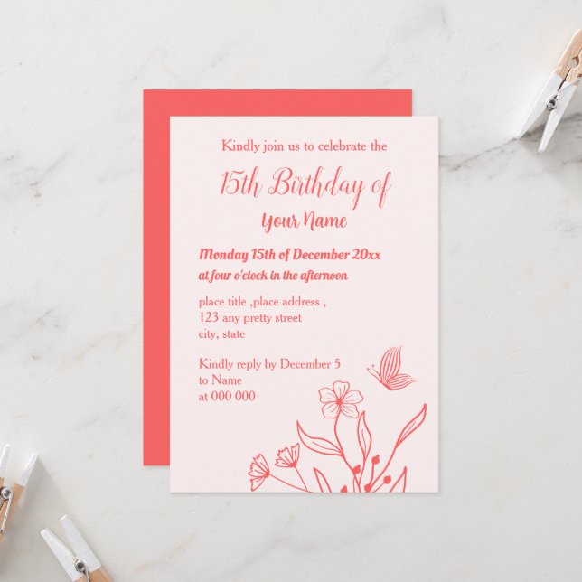 Romantischer eleganter korallenrosa Blumengeburtst Einladung (Vorderseite/Rückseite Beispiel)
