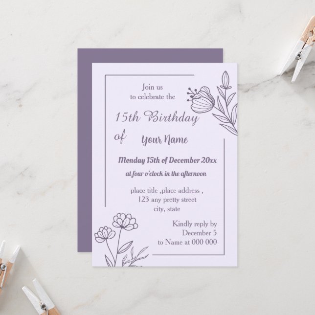 Romantischer, eleganter Lila-Geburtstag Einladung (Vorderseite/Rückseite Beispiel)