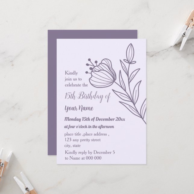 Romantischer, eleganter Lila-Geburtstag Einladung (Vorderseite/Rückseite Beispiel)