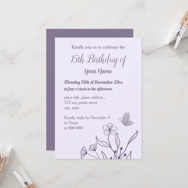 Romantischer, eleganter Lila-Geburtstag Einladung (Vorderseite/Rückseite Beispiel)