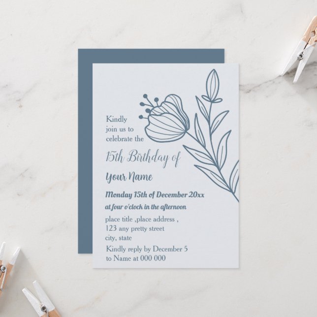 Romantischer, eleganter, staubblauer Geburtstag Einladung (Vorderseite/Rückseite Beispiel)