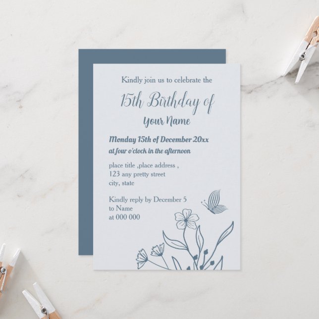 Romantischer, eleganter, staubblauer Geburtstag Einladung (Vorderseite/Rückseite Beispiel)