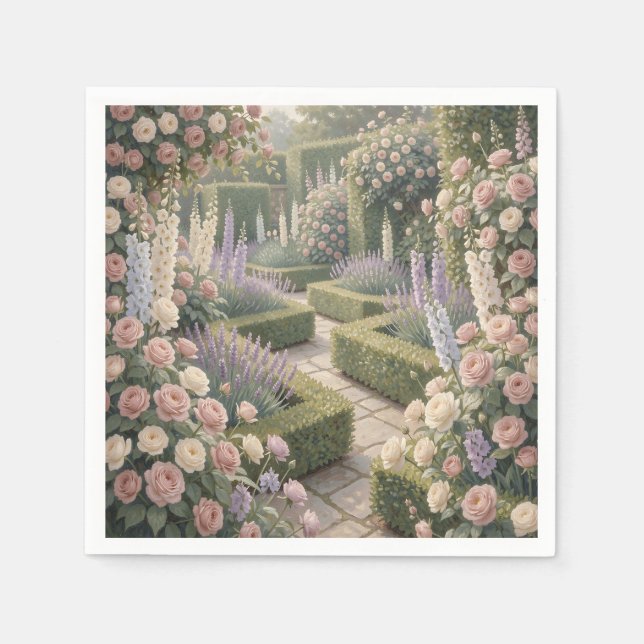 Romantischer englischer Garten Rosa Rosen Lavendel Serviette (Vorderseite)